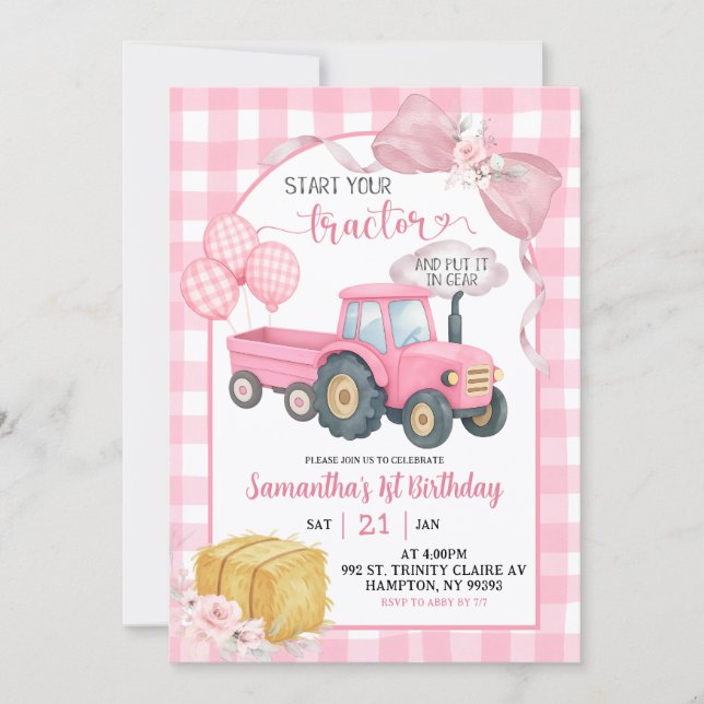 Pink Start Your Tractor Farm Theme Girl Birthday Invitation (Front)