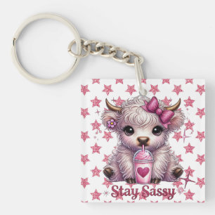 Pink, Stay Sassy, Highland Cows Key Ring