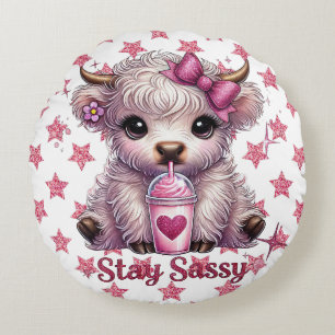 Pink, Stay Sassy, Highland Cows Round Cushion