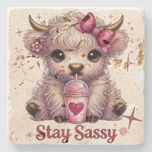 Pink, Stay Sassy, Highland Cows Stone Coaster