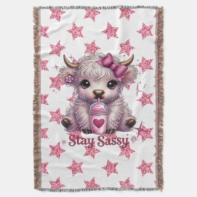 Pink, Stay Sassy, Highland Cows Throw Blanket (Front Vertical)
