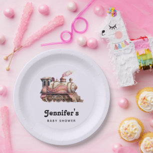 Pink Steam Train Vintage Baby Shower Paper Plate