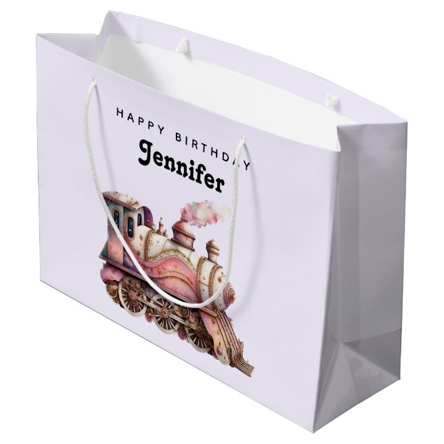 Pink Steam Train Vintage Birthday Large Gift Bag (Back Angled)