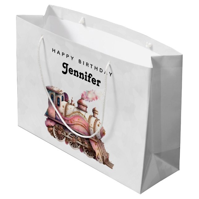 Pink Steam Train Vintage Birthday Large Gift Bag (Back Angled)