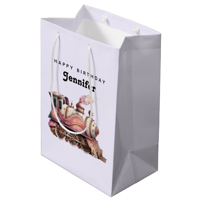 Pink Steam Train Vintage Birthday Medium Gift Bag (Back Angled)