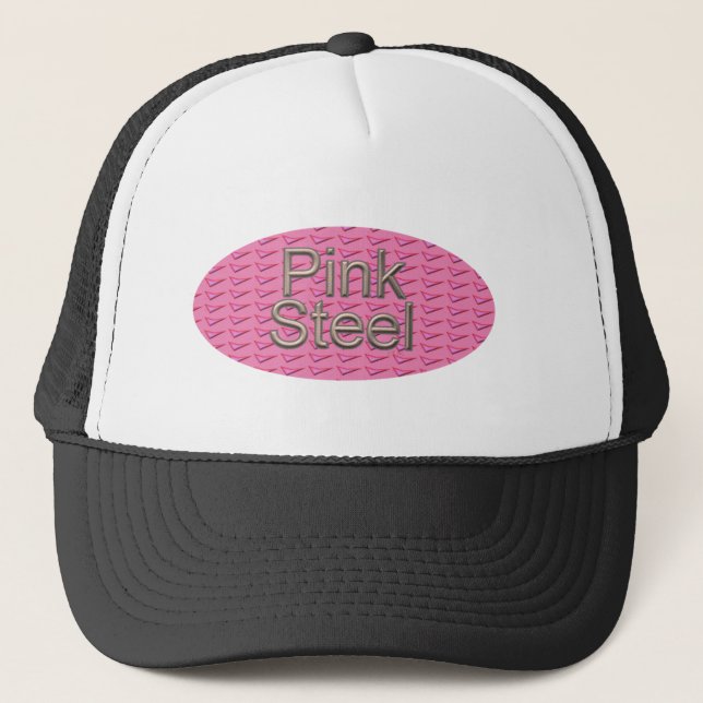 Pink Steel oval black trucker hat (Front)
