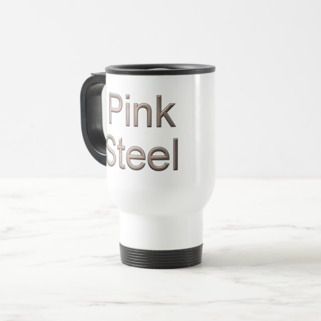 Pink Steel white travel commuter mug (Front Left)