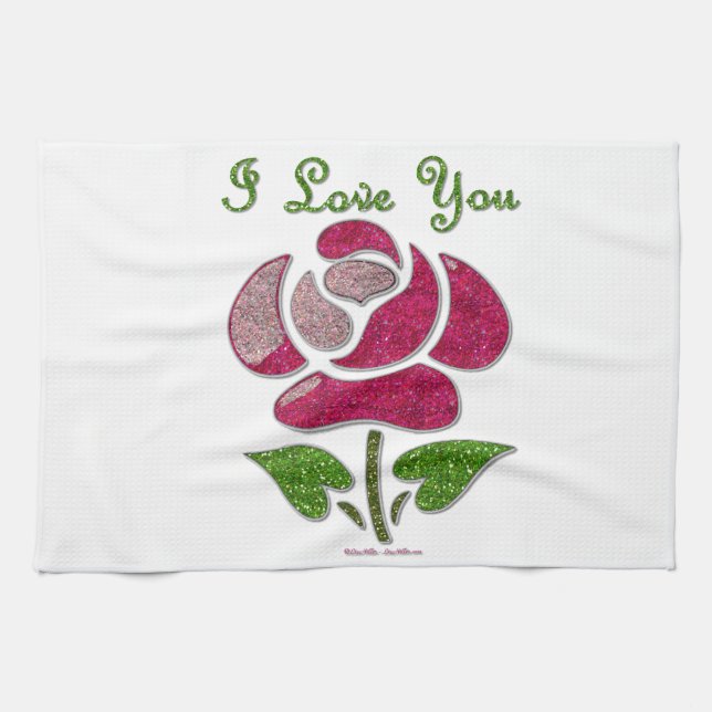 Pink Stencil Rose I Love You Tea Towel (Horizontal)