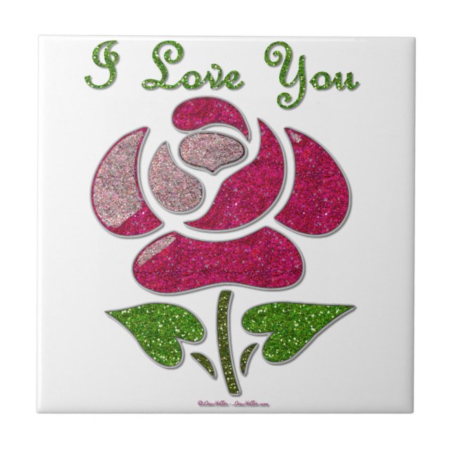 Pink Stencil Rose I Love You Tile (Front)