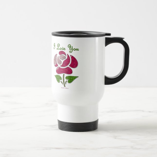 Pink Stencil Rose I Love You Travel Mug (Right)