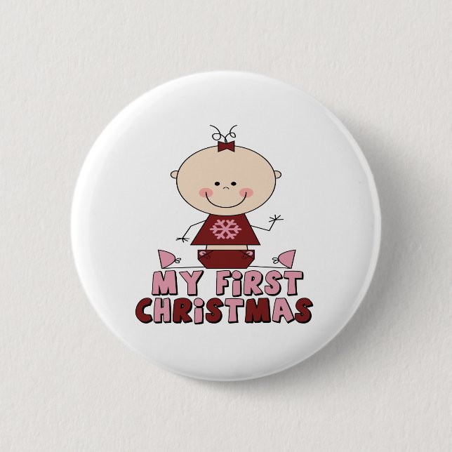 Pink Stick Figure Girl  First Christmas 6 Cm Round Badge (Front)