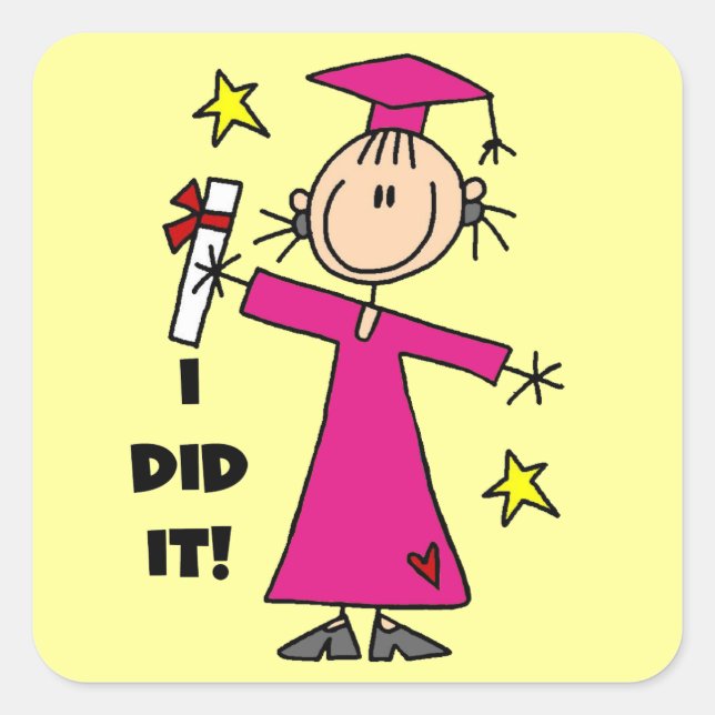 Pink Stick Figure Girl Graduate Square Sticker (Front)