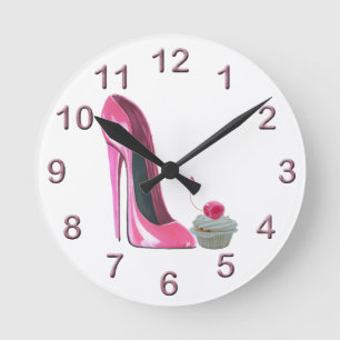 Pink Stiletto and Cherry Cupcake Art Wall Clock
