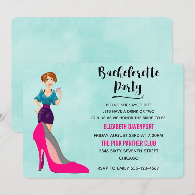 Pink Stiletto and Party Girl Bachelorette Invite (Front/Back)