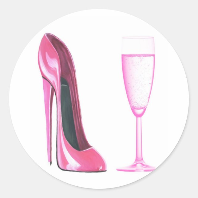 Pink Stiletto Shoe and Champagne Glass Classic Round Sticker (Front)