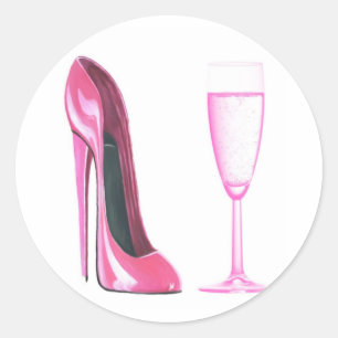 Pink Stiletto Shoe and Champagne Glass Classic Round Sticker