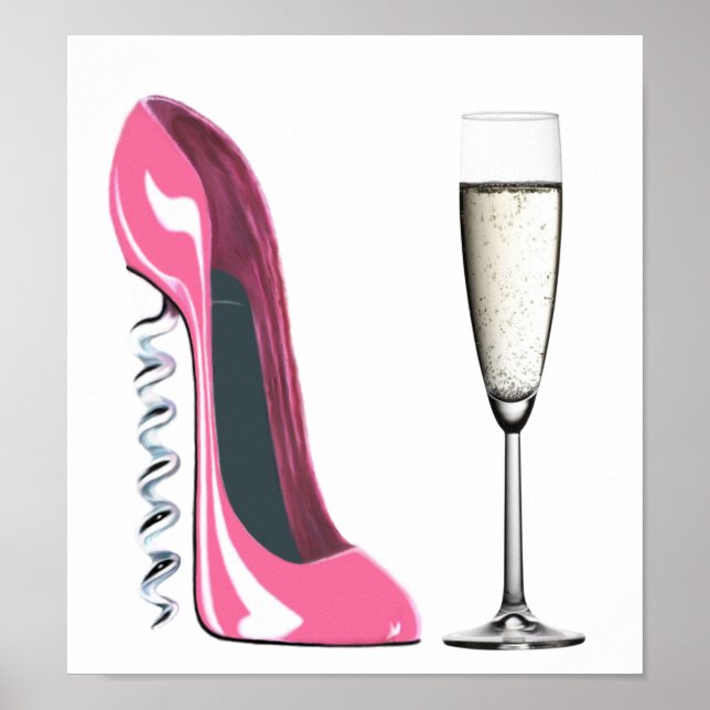 Pink Stiletto Shoe and Champagne glass Poster (Front)