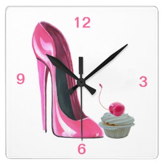 Pink Stiletto Shoe and Cherry Cupcake Wall Clock