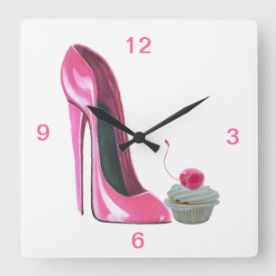 Pink Stiletto Shoe and Cherry Cupcake Wall Clock