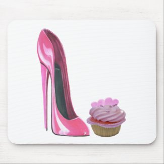 Pink Stiletto Shoe and Cupcake Mouse Mat