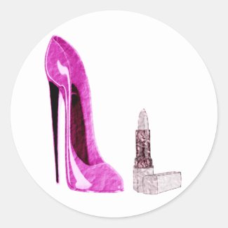 Pink Stiletto Shoe and Lipstick Art Classic Round Sticker