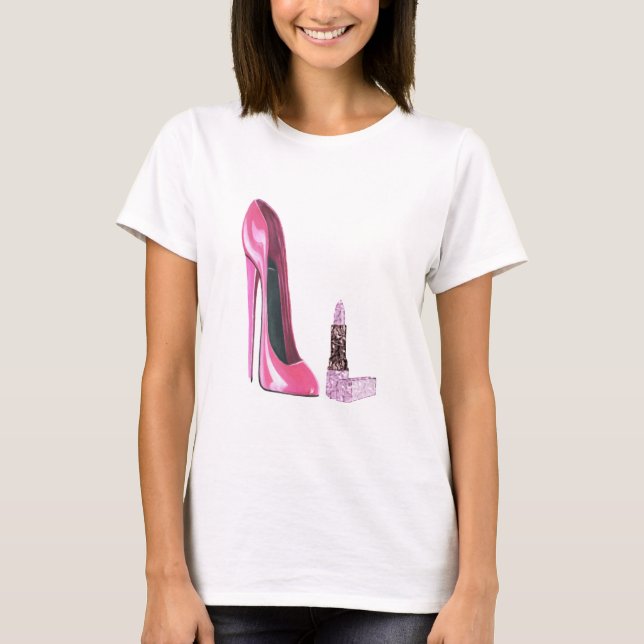 Pink Stiletto Shoe and Lipstick Art T-Shirt (Front)