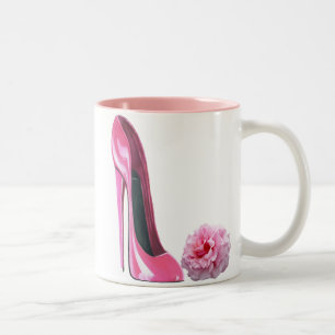 Pink Stiletto Shoe Art and Beautiful Rose Two-Tone Coffee Mug