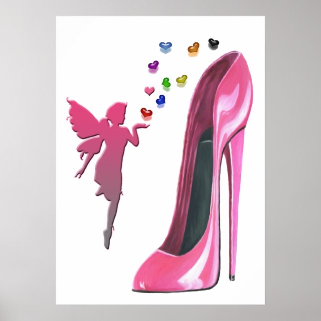 Pink Stiletto Shoe, Fairy and Hearts Poster (Front)