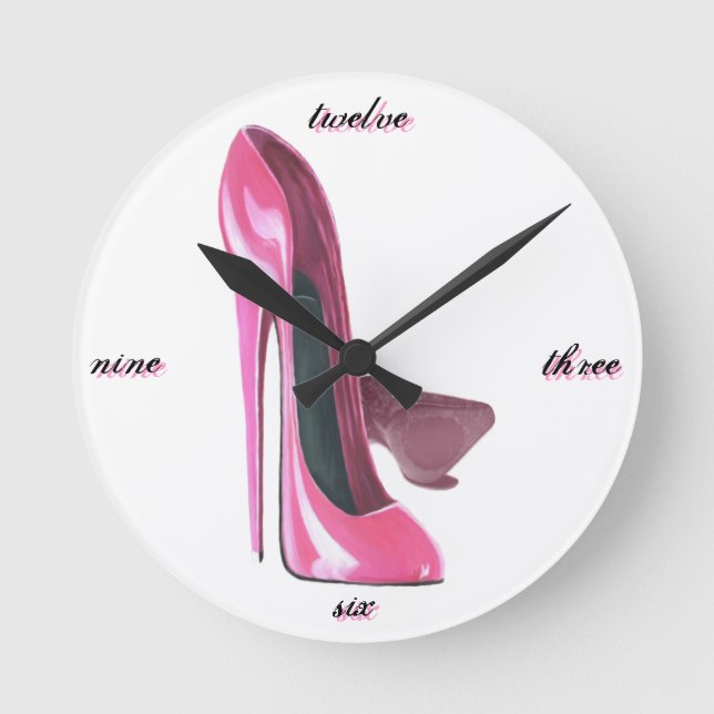 Pink Stiletto Shoes Art Round Clock (Front)