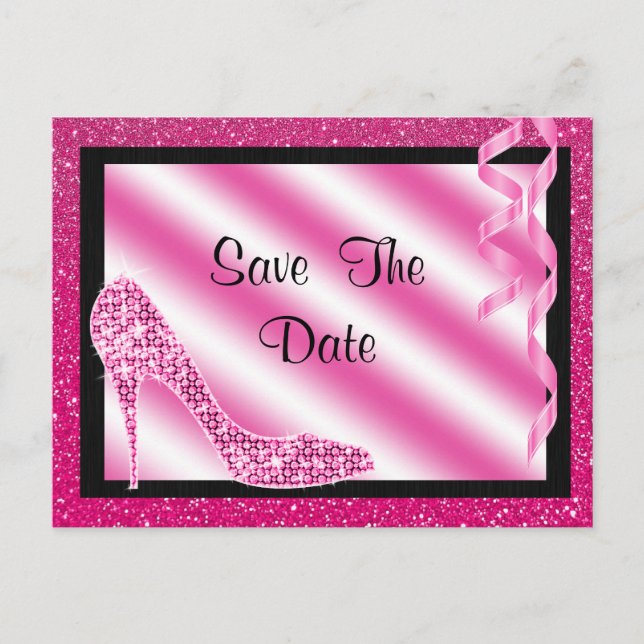 Pink Stiletto & Streamers 70th Save The Date Announcement Postcard (Front)