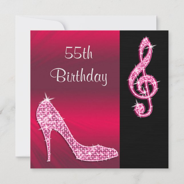 Pink Stiletto & Treble Cleft 55th Birthday Invitation (Front)
