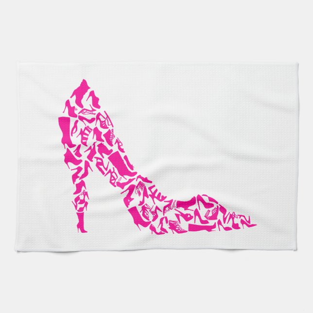 Pink stiletto with various shoe silhouettes tea towel (Horizontal)