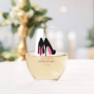 Pink Stilettos Girls Night Out Bachelorette Party Stemless Wine Glass