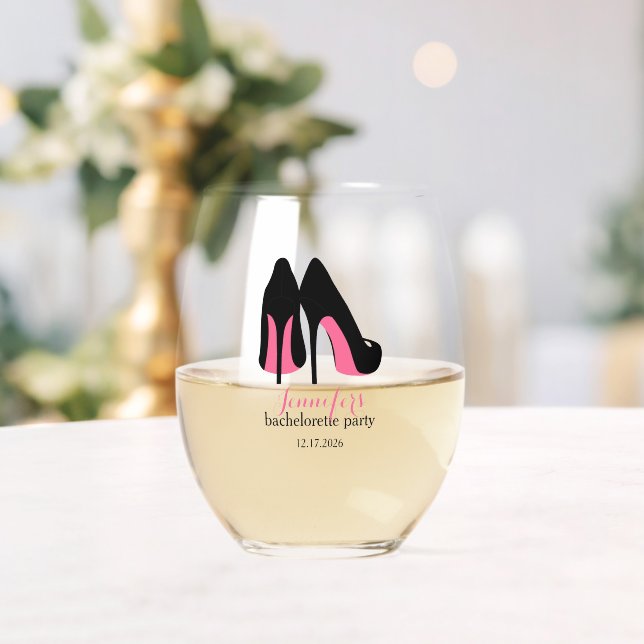 Pink Stilettos Girls Night Out Bachelorette Party Stemless Wine Glass (Insitu (Wedding))