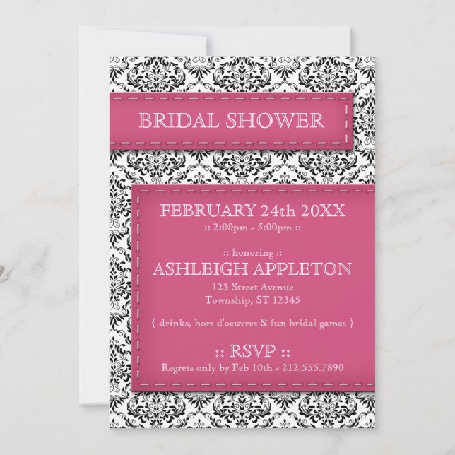 Pink Stitched Damask Bridal Shower Invitations (Front)