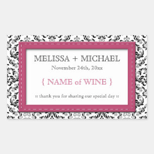 Pink Stitched Damask horizontal Wedding Wine Label