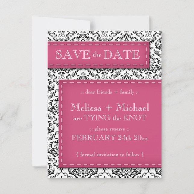Pink Stitched Damask Save the Date Announcements (Front)