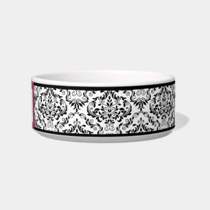 Pink Stitched Label Design Damask Cat Bowl