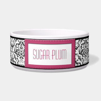 Pink Stitched Label Design Damask Dog Bowl