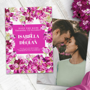 Pink stock flowers wedding save the date photo