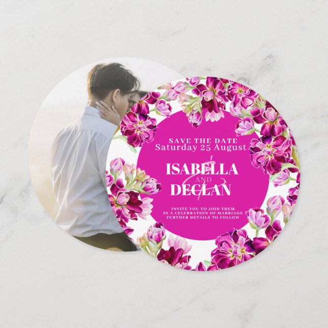 Pink stock flowers wedding save the date round (Front/Back)