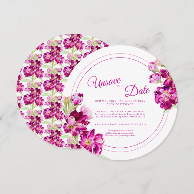  Pink stock flowers wedding unsave the date round Invitation (Front/Back)