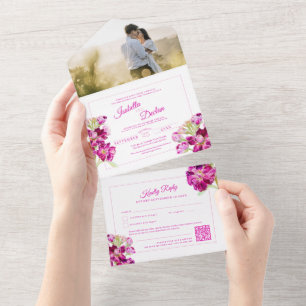 Pink stock watercolor wedding QR code RSVP All In One Invitation