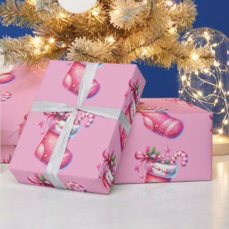 Pink Stocking Christmas Holiday  Wrapping Paper