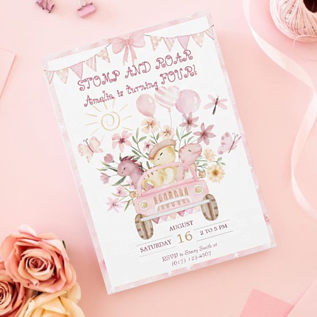 Pink Stomp and Roar Fourth Dinosaur Birthday Invitation (Creator Uploaded)