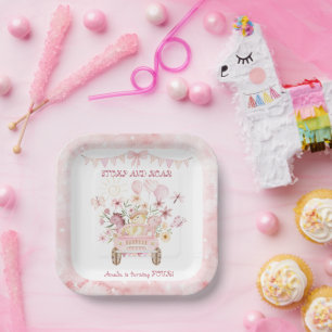 Pink Stomp and Roar Fourth Dinosaur Birthday  Paper Plate