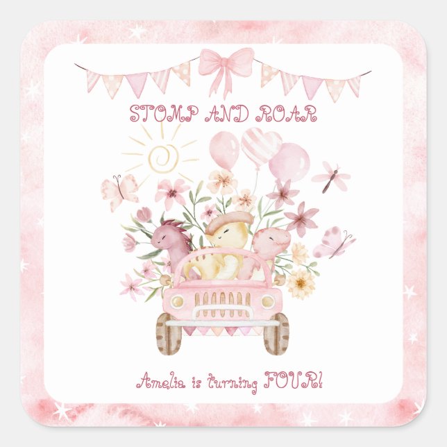 Pink Stomp and Roar Fourth Dinosaur Birthday  Square Sticker (Front)