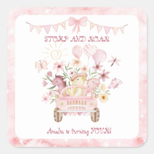 Pink Stomp and Roar Fourth Dinosaur Birthday  Square Sticker