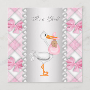 Pink Stork African American Baby Girl Shower Invitation