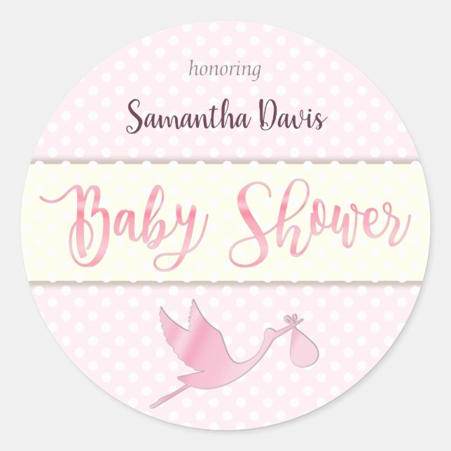 Pink Stork Baby Girl Baby Shower Classic Round Sticker (Front)